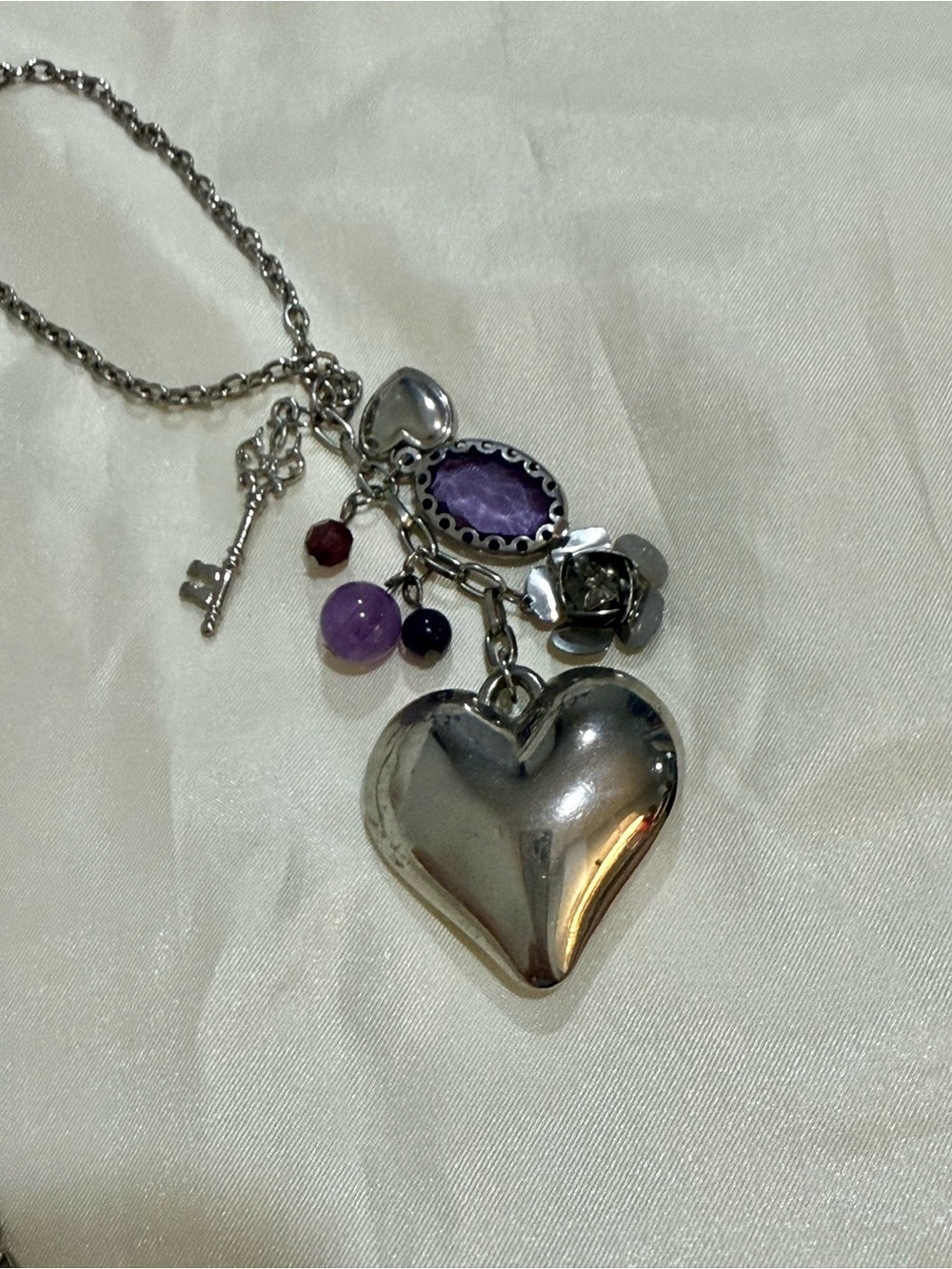 Silver Heart Charm Pendant Necklace with Purple Gem Accents